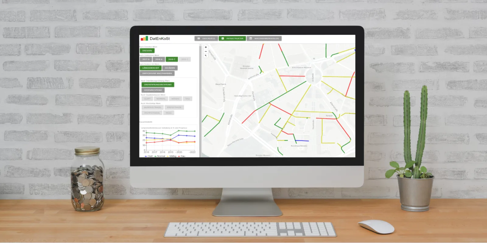 Analyse-Dashboard mit Kartenansicht des Dresdner Wegenetzes, Filtern nach Längsebenheit, Schäden und Qualitätsklassen sowie Zeitreihen-Statistik