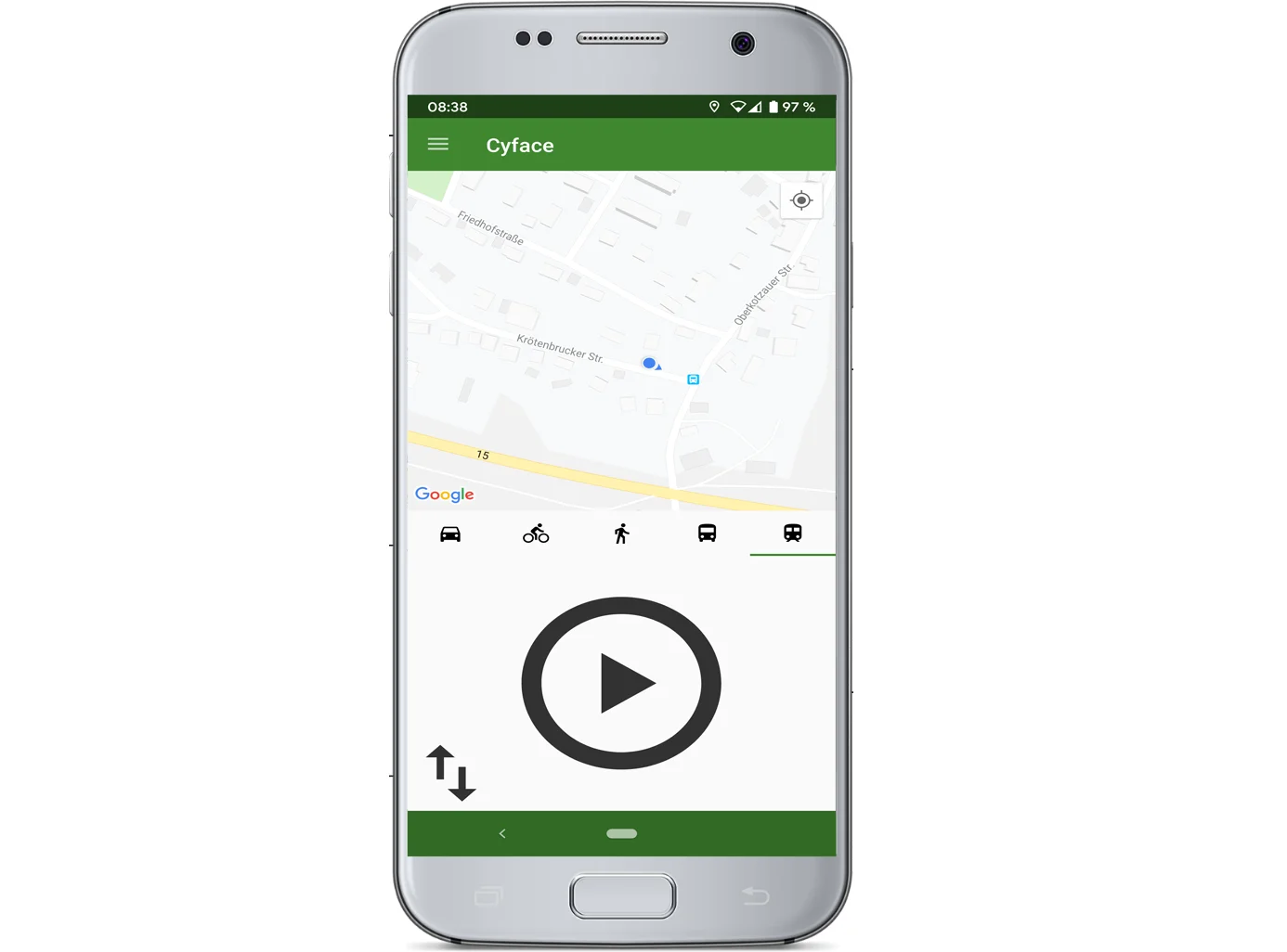 Cyface Erfassungs-App auf einem Android-Smartphone mit Karte, Verkehrsmittelwahl und Aufnahmesteuerung