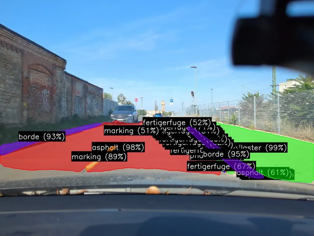 Dasselbe Bild mit farbiger Segmentierung: Asphalt, Bordstein, Pflaster, Fahrbahnmarkierung