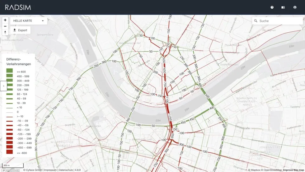 Simulierte Radverkehrsströme in Dresden nach Wegfall der Carolabrücke