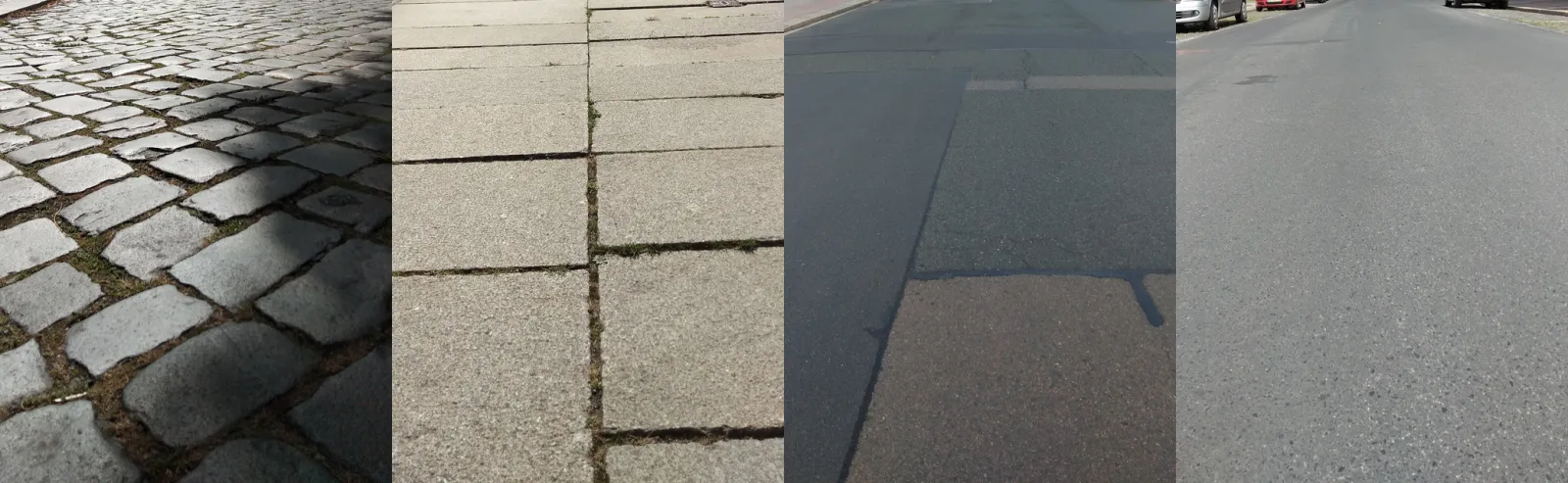 Vier Fotos von Wegoberflächen: raues Kopfsteinpflaster, mäßiger Plattenweg, normaler Asphalt, glatter Asphalt