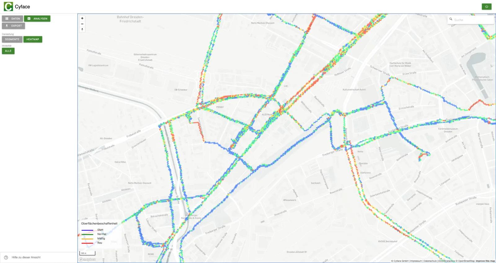 Cyface Web-Auswertung: Heatmap des Dresdner Netzes, eingefärbt nach Oberflächenqualität in vier Klassen